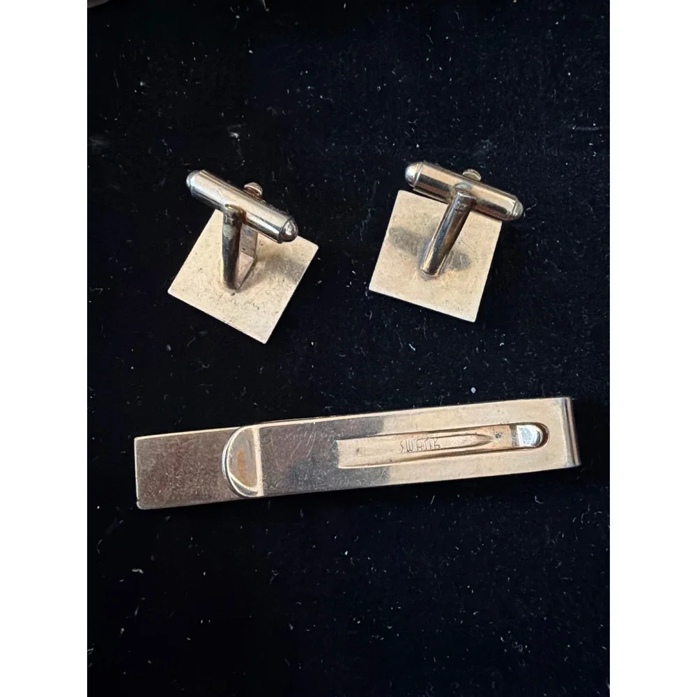 Vintage Swank Cufflinks Tie Clip Set Faux Alligator Leather Gold Tone Brown
